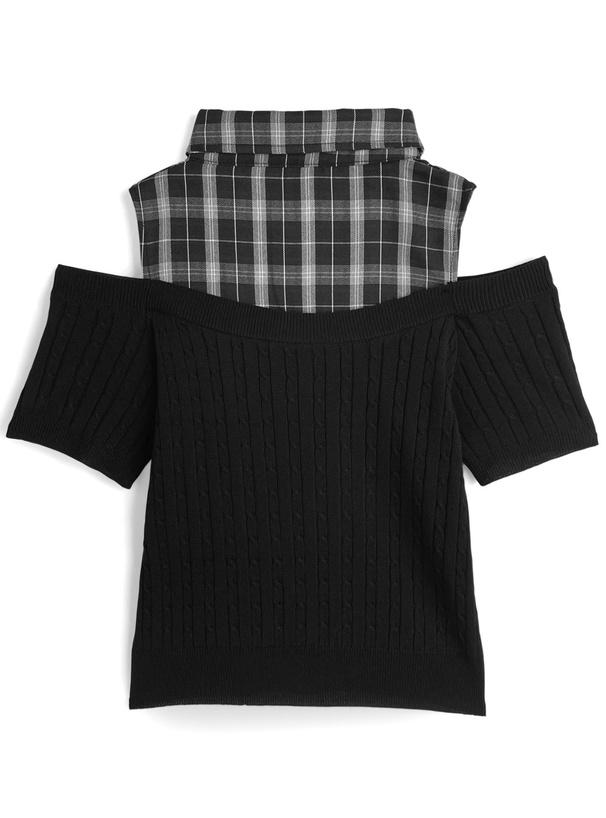 チェック柄シャツオフショルダーケーブル編みニットトップス