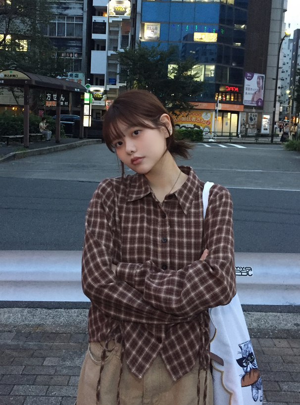 チェック柄フロントドロストシャツ