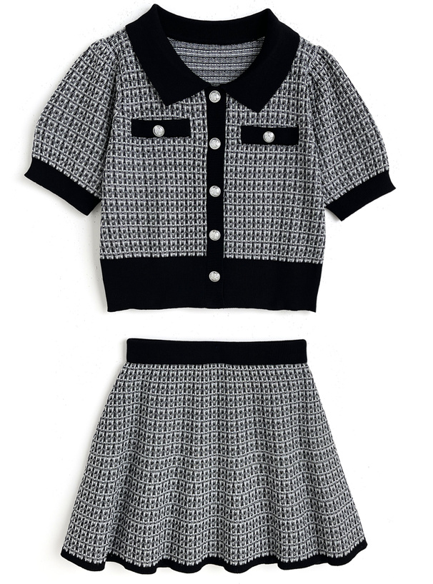 ツイードニットカーディガン×フレアスカートセットアップ