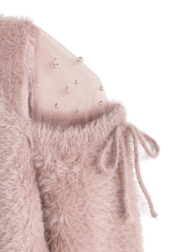 ショルダーチュールパールリボンシャギーニットトップス