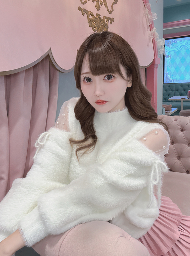 ショルダーチュールパールリボンシャギーニットトップス