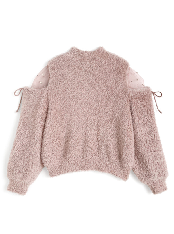 ショルダーチュールパールリボンシャギーニットトップス