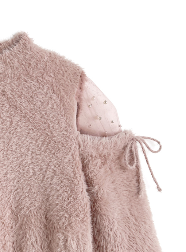 ショルダーチュールパールリボンシャギーニットトップス