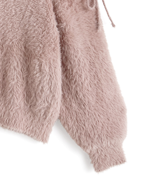 ショルダーチュールパールリボンシャギーニットトップス