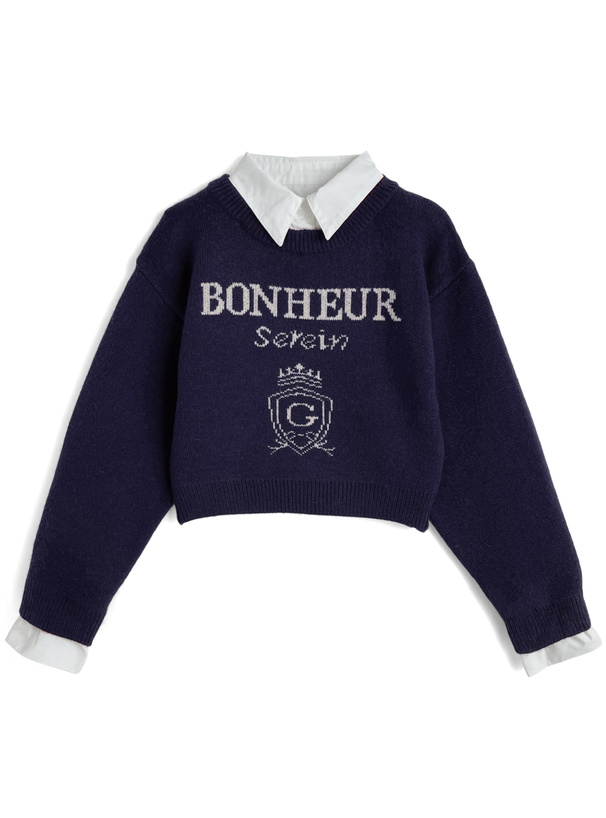 2Way襟付きロゴジャガードニットトップス