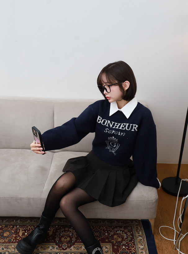 2Way襟付きロゴジャガードニットトップス