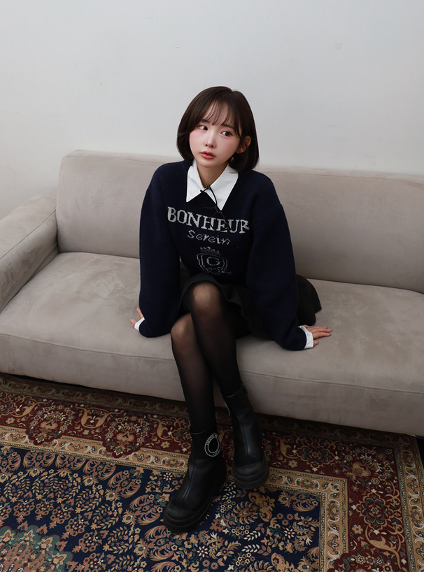 2Way襟付きロゴジャガードニットトップス