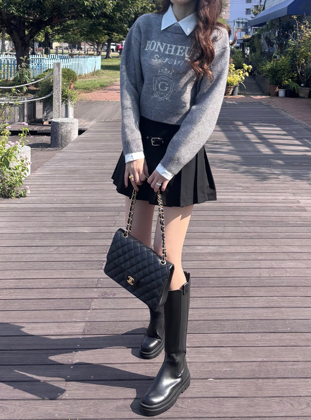 2Way襟付きロゴジャガードニットトップス