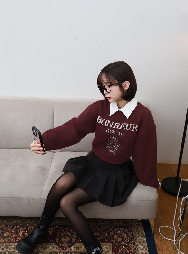 2Way襟付きロゴジャガードニットトップス