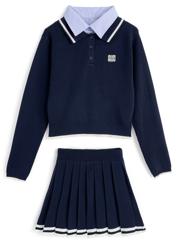 ポロニットトップス×インパン裏地付きプリーツミニスカートセットアップ