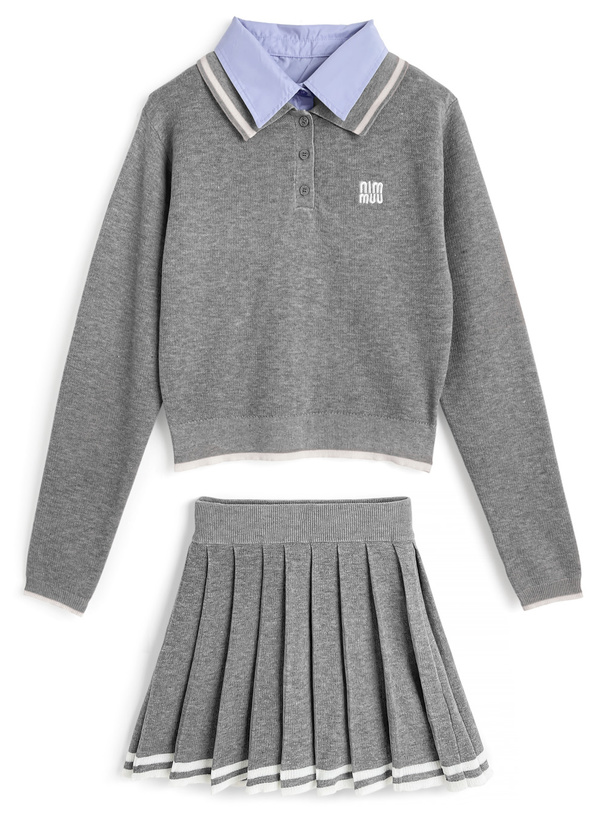 ポロニットトップス×インパン裏地付きプリーツミニスカートセットアップ