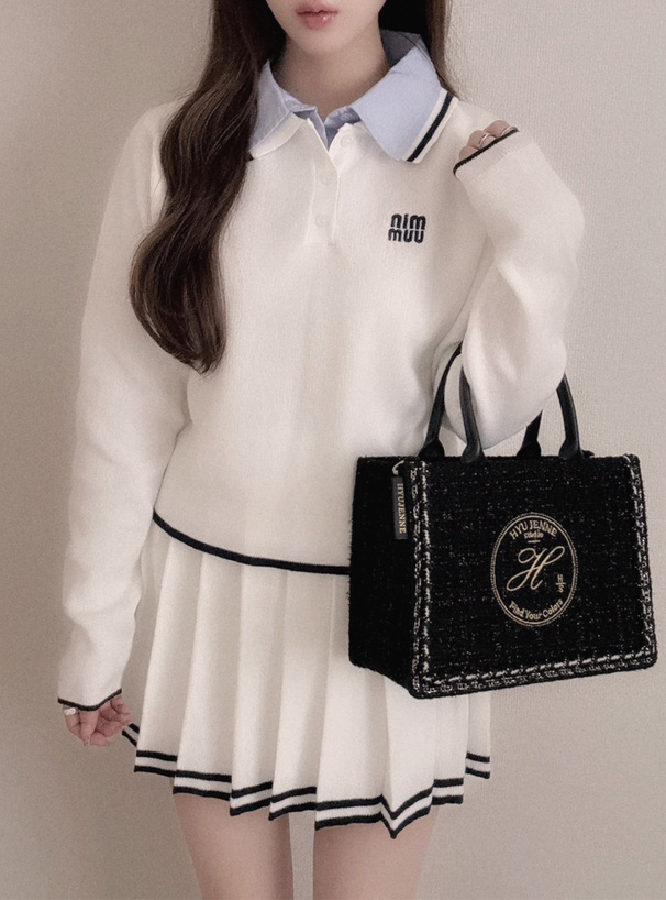 ポロニットトップス×インパン裏地付きプリーツミニスカート