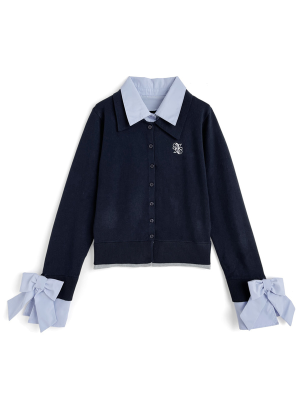 襟付き袖リボンロゴ刺繍ニットトップス[fs29]