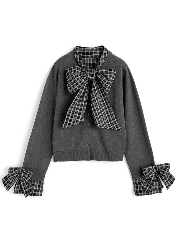 チェック柄ボウタイ袖リボンニットトップス[fs29c] | レディース
