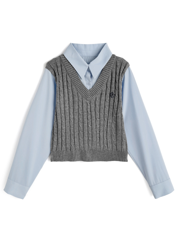 ケーブルニットロゴ刺繍ベストレイヤード風シャツ[fs32] | レディース