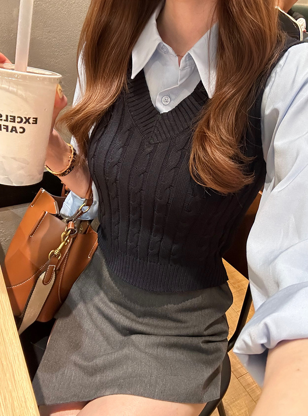 ケーブルニットロゴ刺繍ベストレイヤード風シャツ[fs32] | レディース