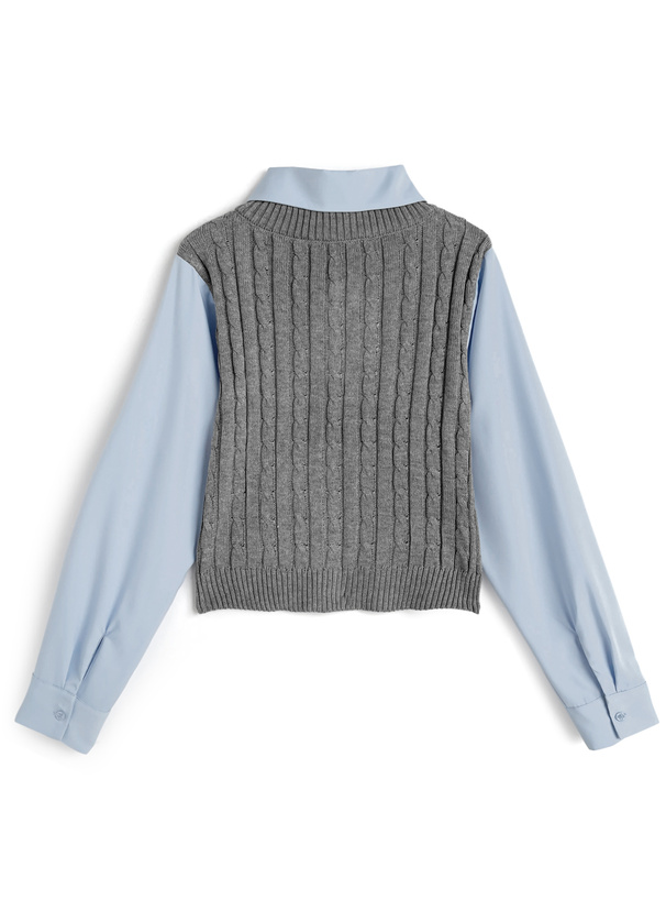 ケーブルニットロゴ刺繍ベストレイヤード風シャツ