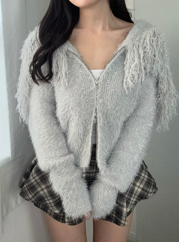 ラメシャギーフリンジカラーダブルジップニットトップス