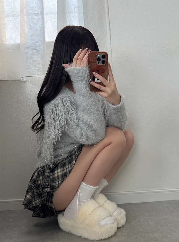 ラメシャギーフリンジカラーダブルジップニットトップス