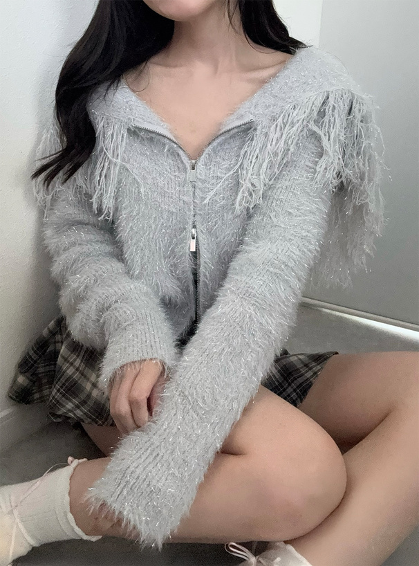 ラメシャギーフリンジカラーダブルジップニットトップス