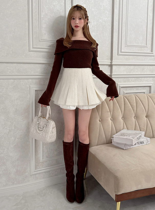 パールオフショルダーニットトップス