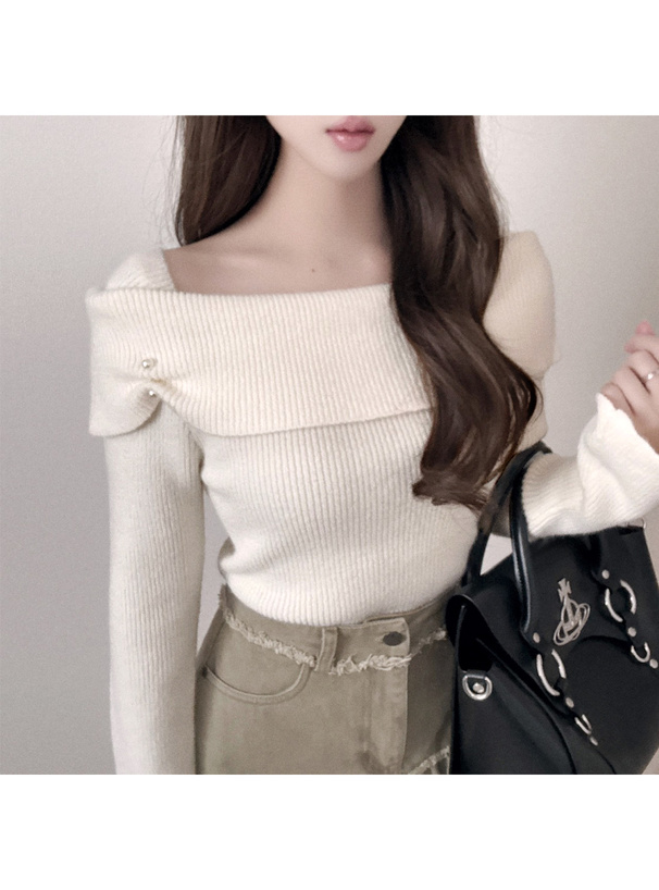 パールオフショルダーニットトップス