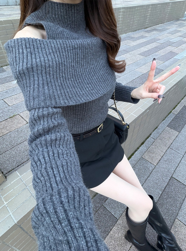 ショルダーオープンリブニットトップス