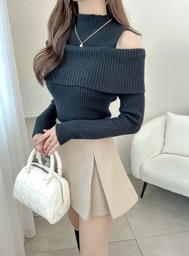 ショルダーオープンリブニットトップス