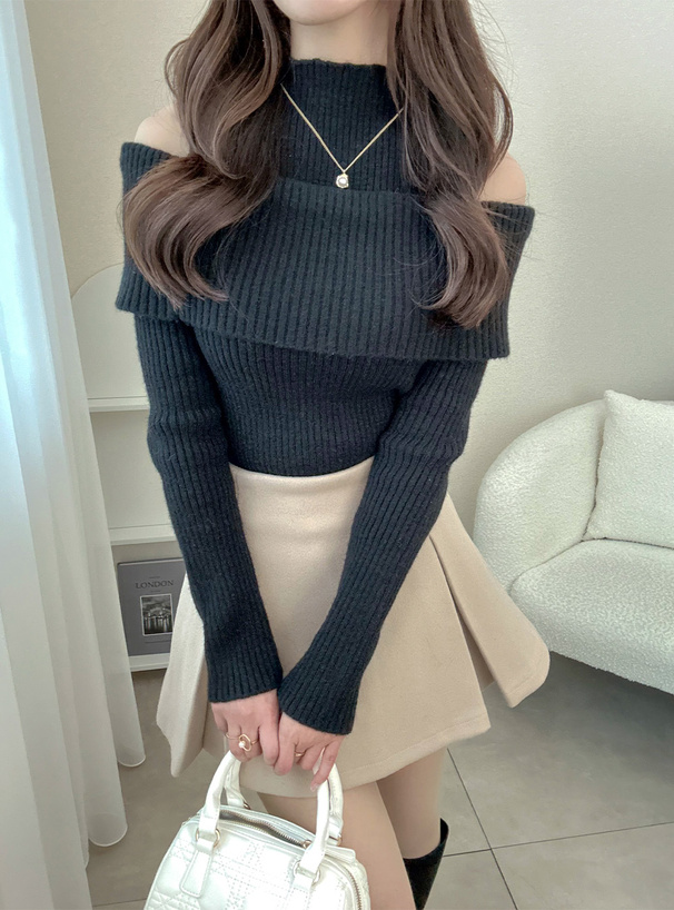 ショルダーオープンリブニットトップス