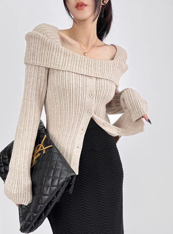 オフショルダーリブニットトップス