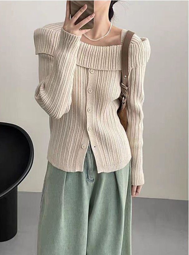 オフショルダーリブニットトップス