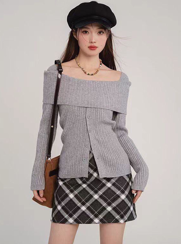 オフショルダーリブニットトップス