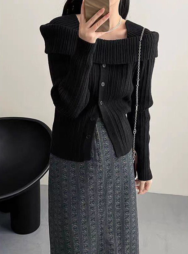 オフショルダーリブニットトップス