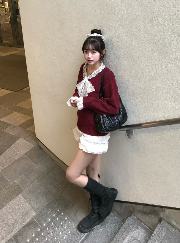 レースドッキングニットトップス