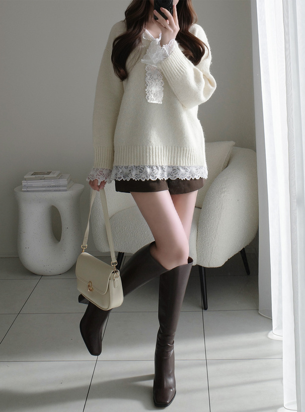 レースドッキングニットトップス