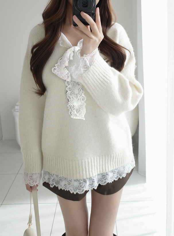 レースドッキングニットトップス