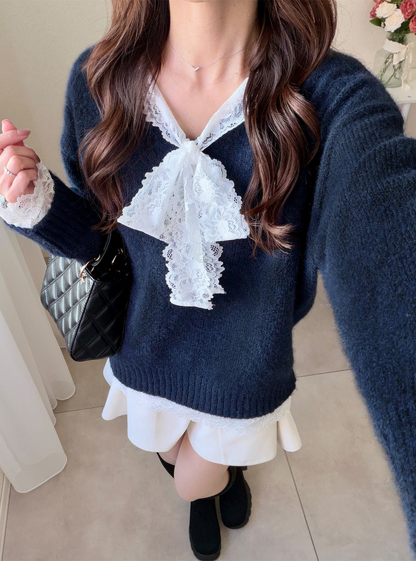 レースドッキングニットトップス