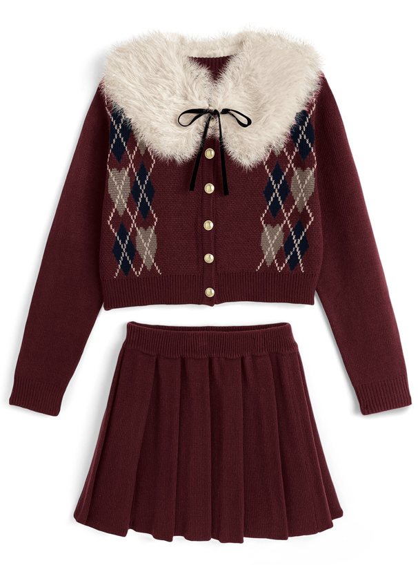 ファーティペット付きアーガイル柄カーディガン×プリーツスカートニットセットアップ
