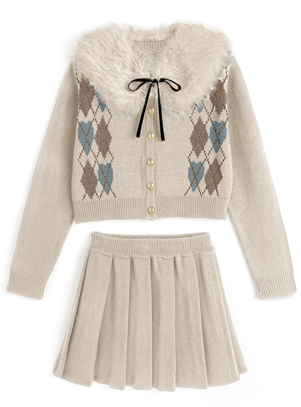 ファーティペット付きアーガイル柄カーディガン×プリーツスカート