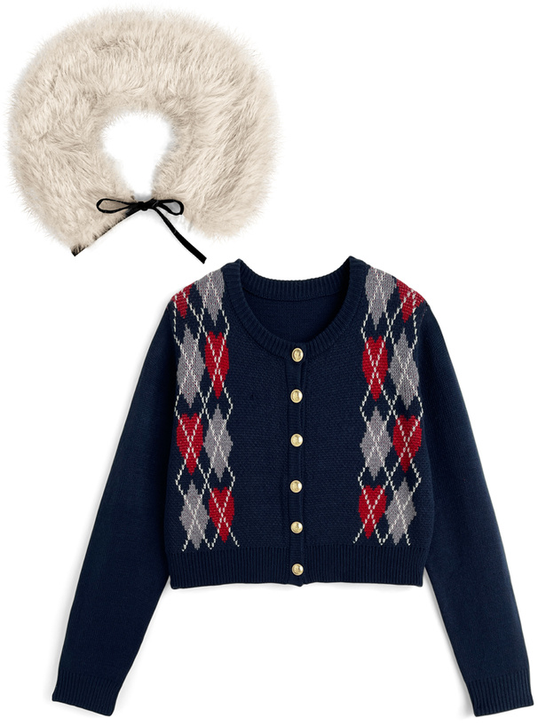 ファーティペット付きアーガイル柄カーディガン×プリーツスカートニットセットアップ