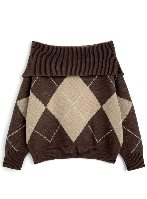 アーガイル柄オフショルダーニットトップス[fs76] | レディース