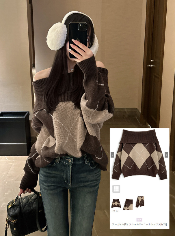 アーガイル柄オフショルダーニットトップス[fs76] | レディース