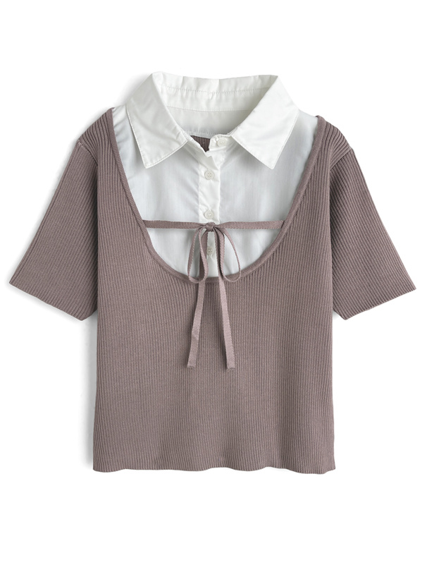 シャツレイヤード風リブニットトップス