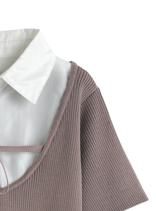 シャツレイヤード風リブニットトップス