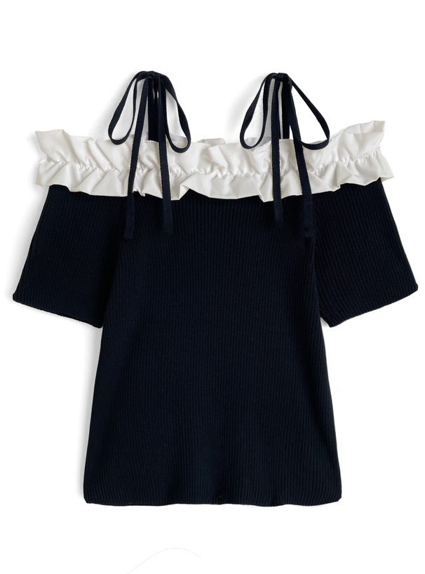リボンフリルオフショルダーニットトップス