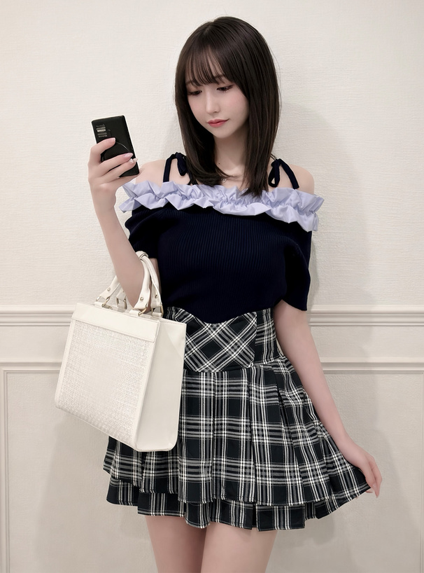 リボンフリルオフショルダーニットトップス