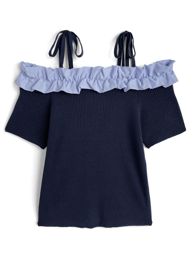 リボンフリルオフショルダーニットトップス