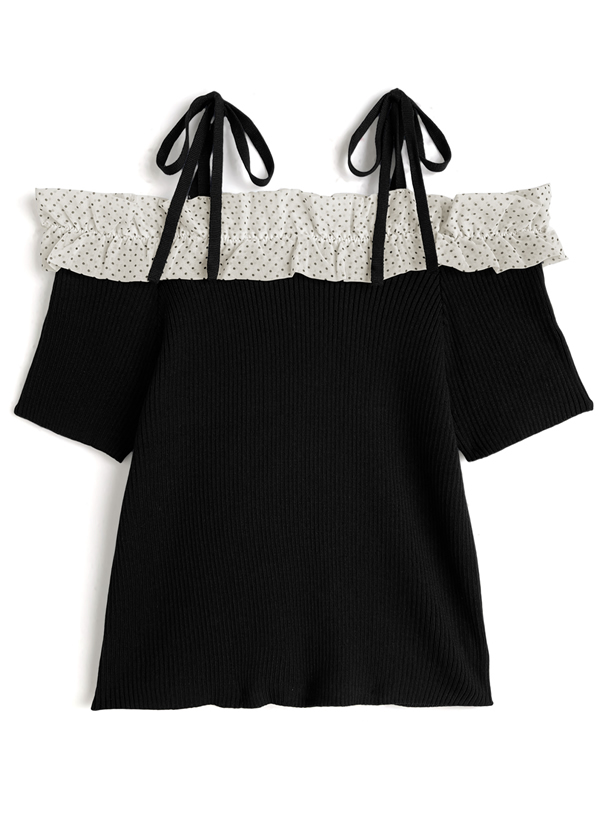 ドット柄フリルリボンオフショルダーニットトップス