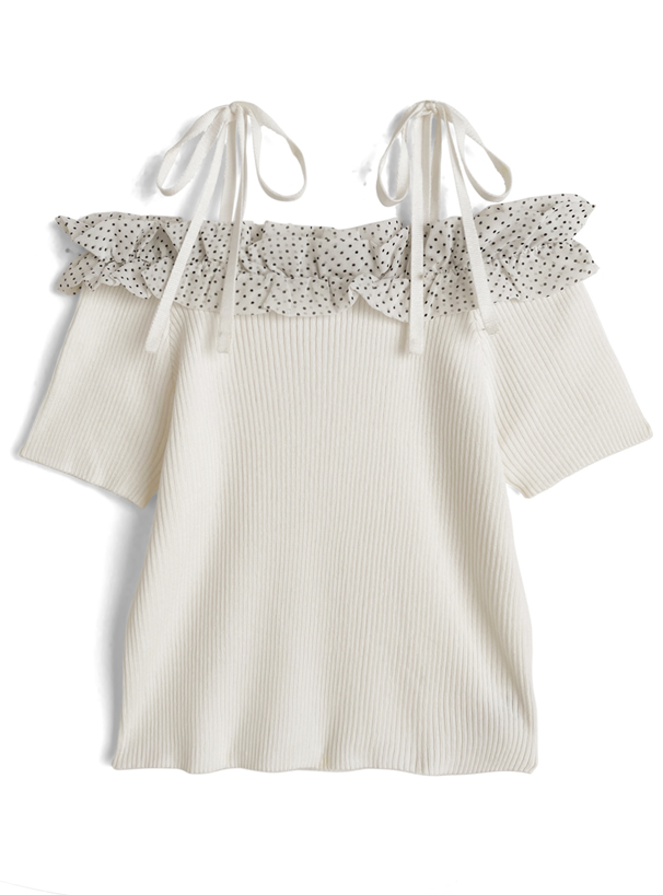 ドット柄フリルリボンオフショルダーニットトップス