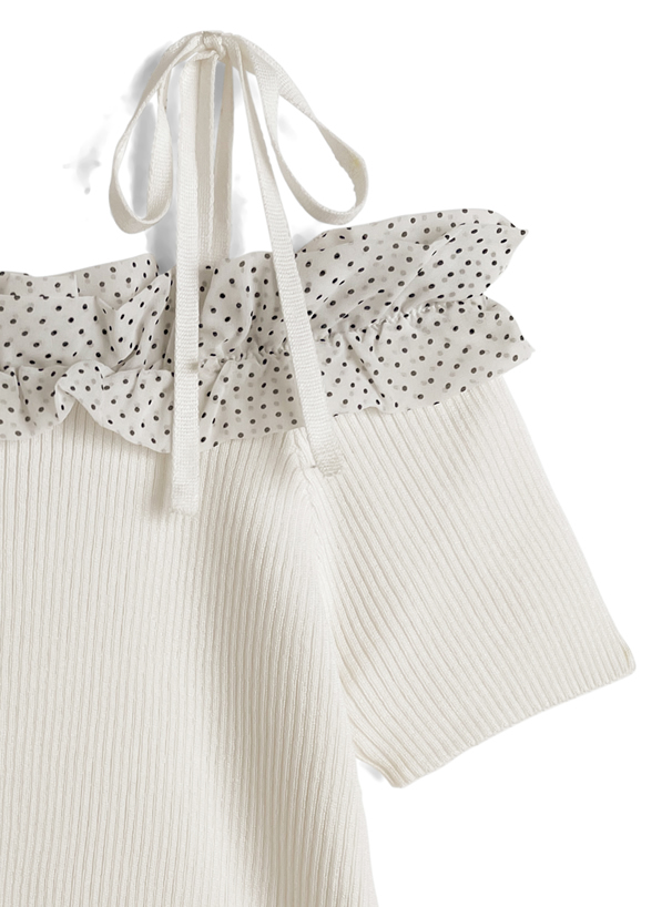ドット柄フリルリボンオフショルダーニットトップス
